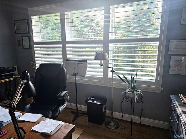 office area featuring dark wood-style floors and baseboards