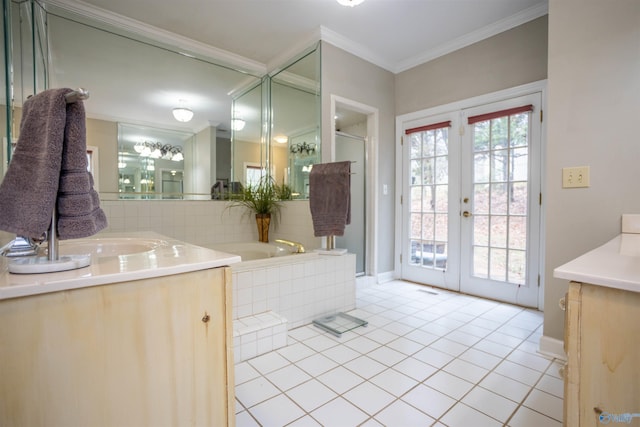 bathroom with vanity, french doors, tile patterned floors, crown molding, and independent shower and bath