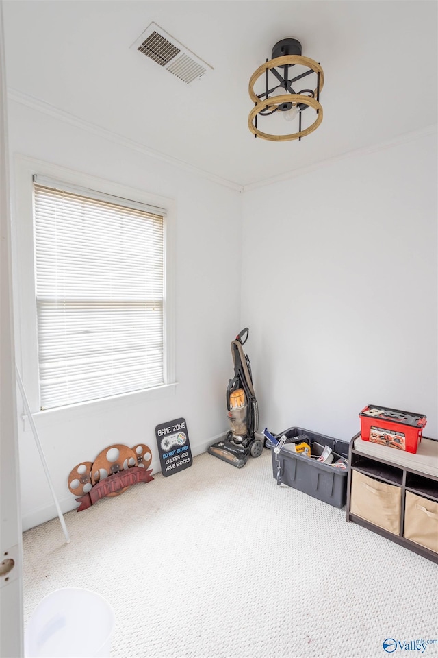 miscellaneous room with carpet and ornamental molding