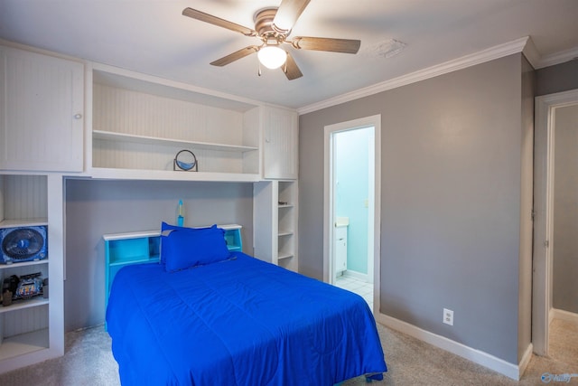 bedroom featuring light carpet, ceiling fan, and ornamental molding