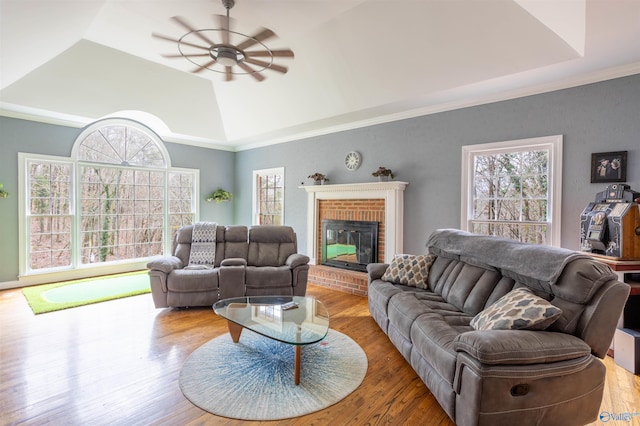 living room with light wood-type flooring, ornamental molding, a raised ceiling, ceiling fan, and a fireplace