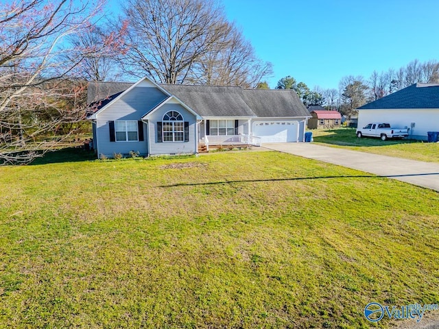 single story home with crawl space, a front yard, concrete driveway, and an attached garage