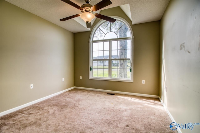 carpeted spare room featuring baseboards, a healthy amount of sunlight, a textured ceiling, and a ceiling fan