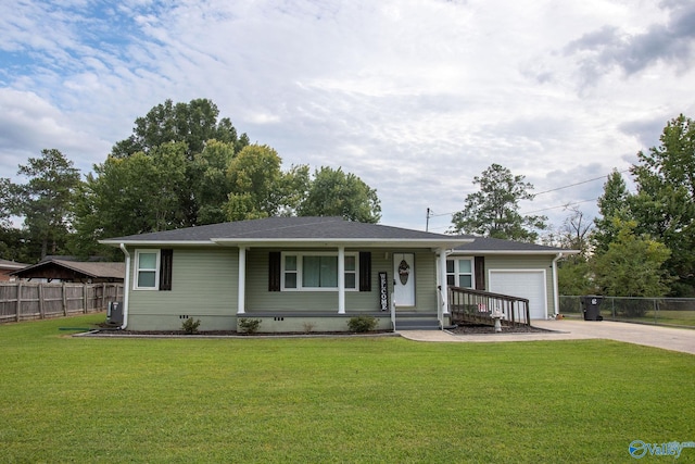 ranch-style house with a porch and a front yard