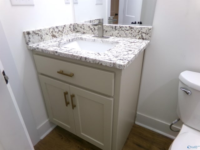 bathroom with vanity, toilet, and wood-type flooring