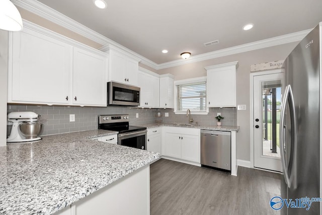 112 Elledge Farm Dr, Hazel Green, AL 35750 - kitchen with stainless steel appliances, a sink, white cabinetry, ornamental molding, and backsplash
