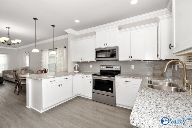 112 Elledge Farm Dr, Hazel Green, AL 35750 - kitchen with stainless steel appliances, a sink, a peninsula, light wood-style floors, and crown molding