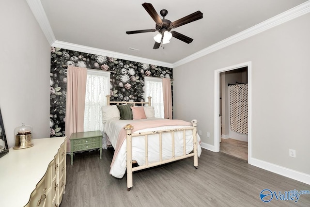 112 Elledge Farm Dr, Hazel Green, AL 35750 - bedroom featuring ornamental molding, wood finished floors, baseboards, and ceiling fan