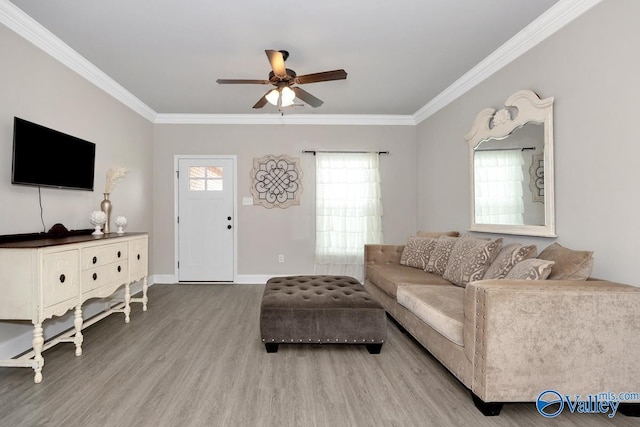 112 Elledge Farm Dr, Hazel Green, AL 35750 - living area featuring wood finished floors, a ceiling fan, crown molding, and baseboards