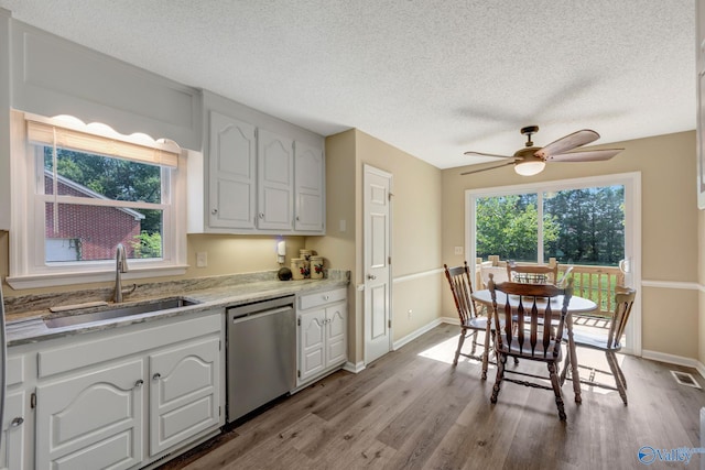 kitchen with white cabinetry, light hardwood / wood-style floors, sink, and stainless steel dishwasher