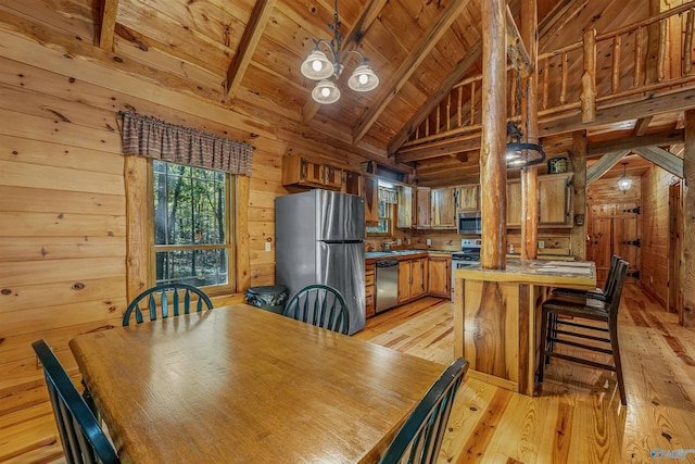 dining space featuring wooden ceiling, wooden walls, beam ceiling, light hardwood / wood-style flooring, and an inviting chandelier