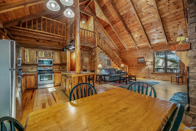 unfurnished dining area featuring light hardwood / wood-style floors, wood ceiling, wood walls, and beam ceiling