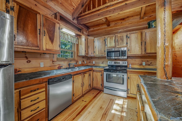 kitchen featuring wooden ceiling, wood walls, sink, light hardwood / wood-style floors, and stainless steel appliances