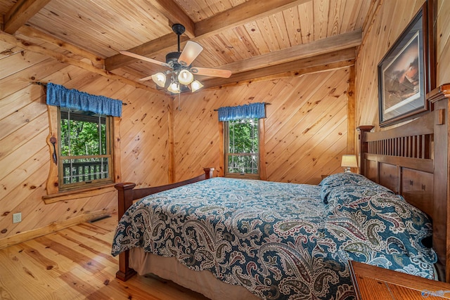 bedroom featuring wood walls, beamed ceiling, wood-type flooring, wooden ceiling, and ceiling fan