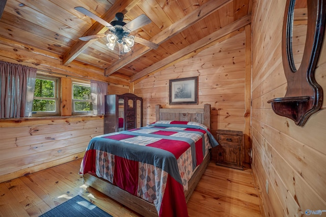 bedroom featuring ceiling fan, wooden ceiling, light wood-type flooring, vaulted ceiling with beams, and wood walls