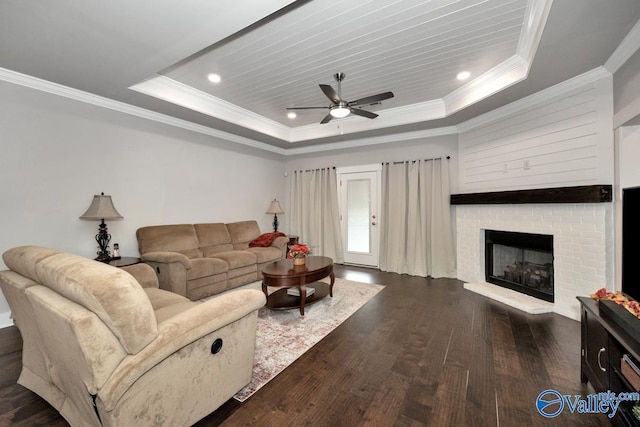 living room featuring a fireplace, a tray ceiling, ceiling fan, dark wood-type flooring, and crown molding