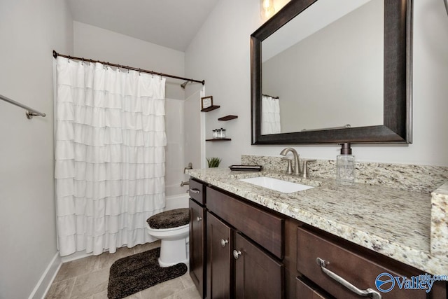 full bathroom with vanity, toilet, and shower / bath combination with curtain