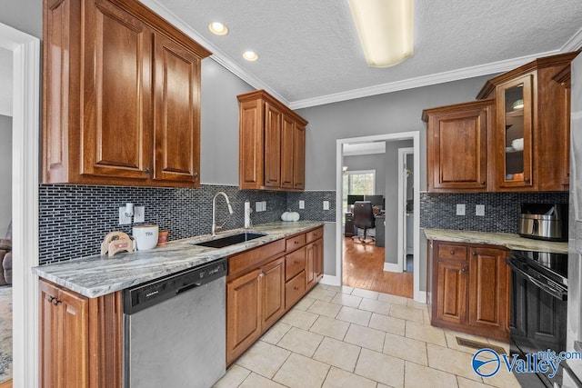 kitchen featuring sink, light tile patterned floors, light stone countertops, black / electric stove, and stainless steel dishwasher