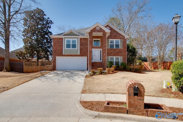 view of front of home featuring driveway, a garage, fence, and brick siding