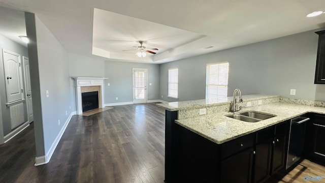 kitchen with sink, kitchen peninsula, a raised ceiling, a fireplace, and light stone countertops