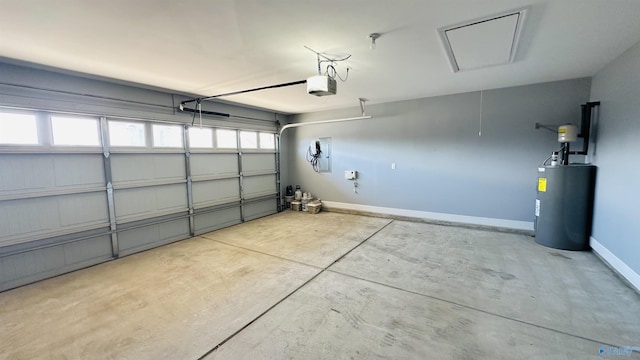 garage with water heater and a garage door opener