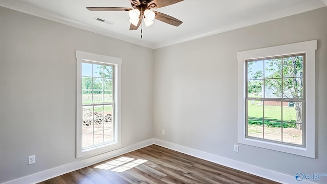 15685 Huntsville Brownsferry Rd, Athens, AL 35611 - empty room featuring dark wood-type flooring, visible vents, plenty of natural light, and a ceiling fan