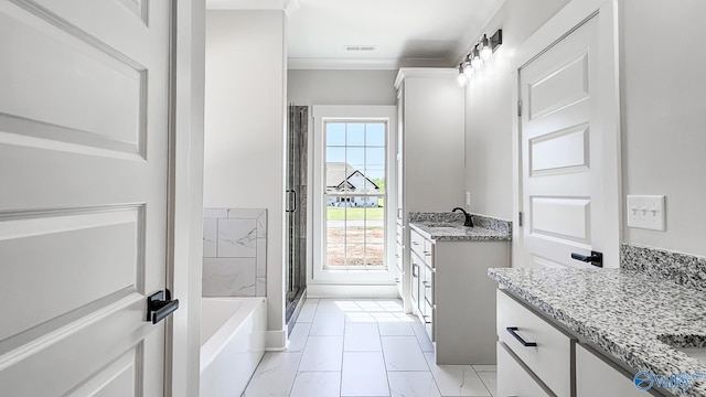 15685 Huntsville Brownsferry Rd, Athens, AL 35611 - full bath featuring a sink, visible vents, a stall shower, two vanities, and marble finish floor