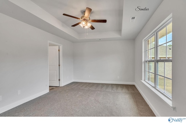 carpeted empty room with plenty of natural light, ceiling fan, and a tray ceiling