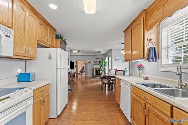 194 Bonaire Dr, Huntsville, AL 35811 - kitchen featuring white appliances, a sink, ceiling fan, light wood-style floors, and light countertops