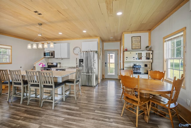 331 Ayers Cir, Grant, AL 35747 - dining room with wood ceiling, healthy amount of natural light, dark wood-style flooring, recessed lighting, and crown molding