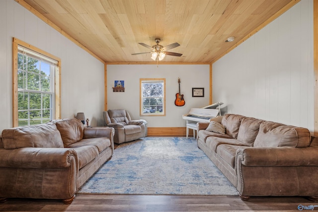 331 Ayers Cir, Grant, AL 35747 - living area featuring wooden ceiling, a ceiling fan, wood finished floors, ornamental molding, and wooden walls