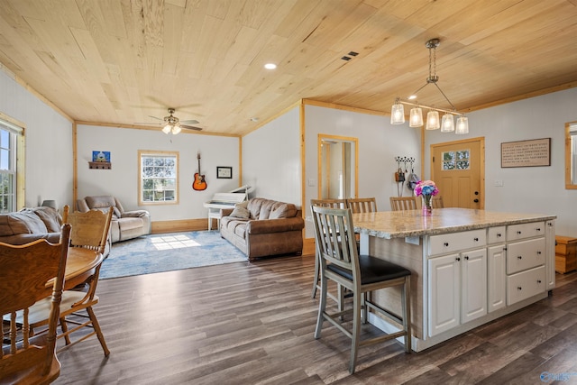 331 Ayers Cir, Grant, AL 35747 - kitchen with ornamental molding, wood ceiling, open floor plan, dark wood-type flooring, and ceiling fan