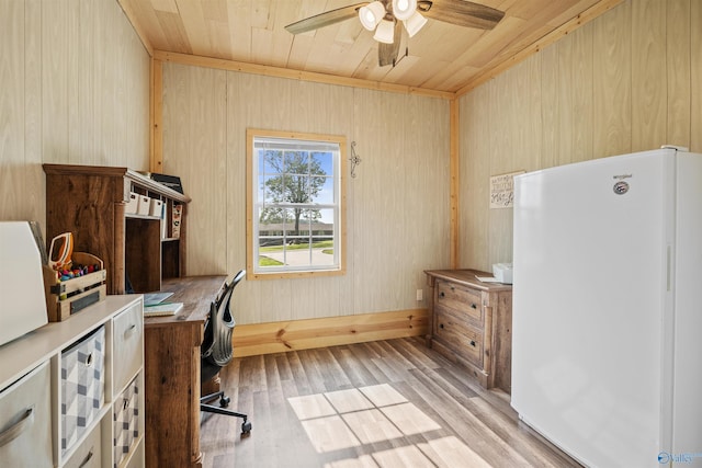 331 Ayers Cir, Grant, AL 35747 - office area with wood ceiling, ceiling fan, light wood-style floors, and wooden walls
