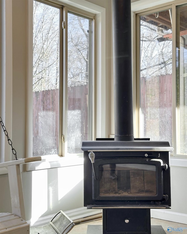 interior details featuring a wood stove