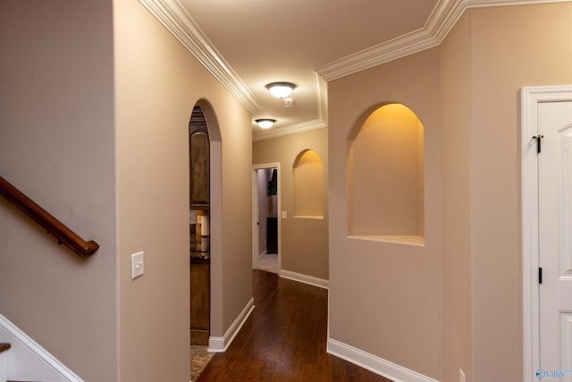 hallway with ornamental molding and dark hardwood / wood-style flooring