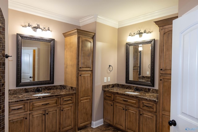 bathroom with vanity and crown molding