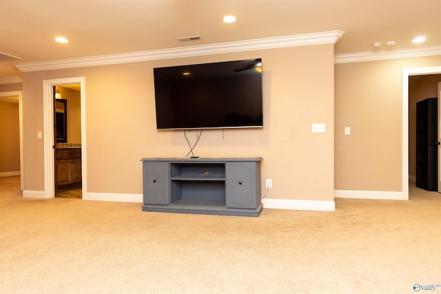 unfurnished living room with light colored carpet and crown molding