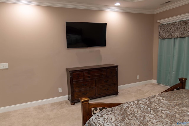 bedroom featuring light colored carpet and crown molding