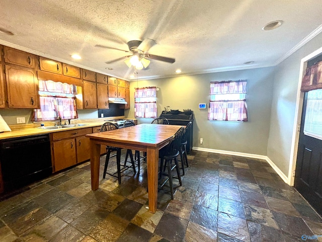 kitchen featuring ornamental molding, black dishwasher, a wealth of natural light, and dark tile patterned flooring