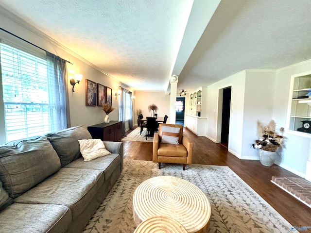 living room with a textured ceiling, a wealth of natural light, and hardwood / wood-style flooring