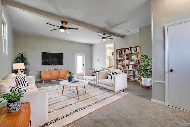 carpeted living room with ceiling fan and beam ceiling