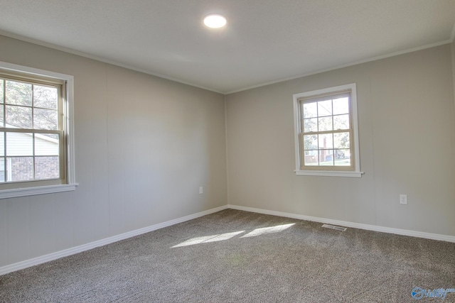 unfurnished room featuring crown molding and carpet