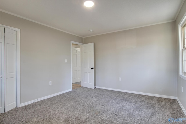 unfurnished bedroom with crown molding and carpet