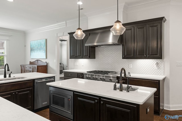 11 SE Braewick Pl, Gurley, AL 35748 - kitchen featuring stainless steel dishwasher, a sink, built in microwave, ventilation hood, and ornamental molding