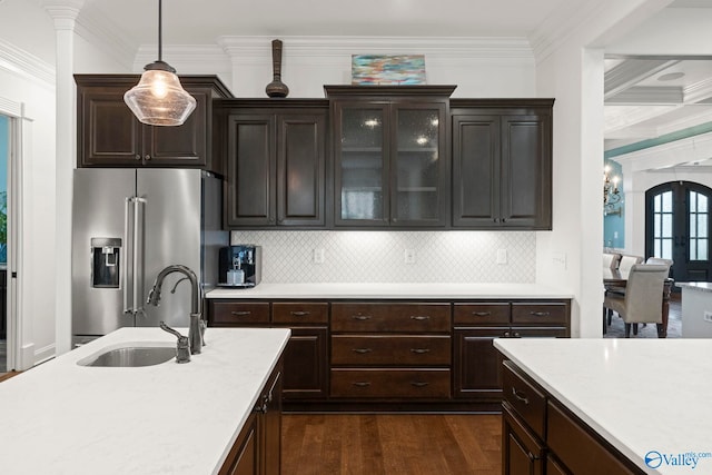 11 SE Braewick Pl, Gurley, AL 35748 - kitchen with stainless steel fridge with ice dispenser, a sink, dark wood-style floors, glass insert cabinets, and french doors