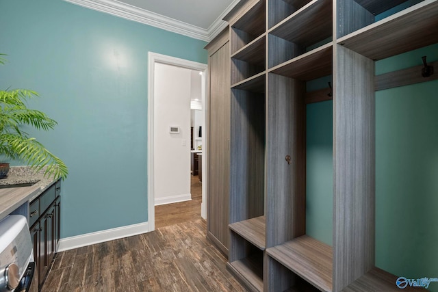 11 SE Braewick Pl, Gurley, AL 35748 - mudroom featuring crown molding, baseboards, and dark wood-type flooring