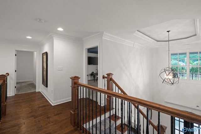 11 SE Braewick Pl, Gurley, AL 35748 - hall featuring a chandelier, an upstairs landing, hardwood / wood-style flooring, ornamental molding, and recessed lighting