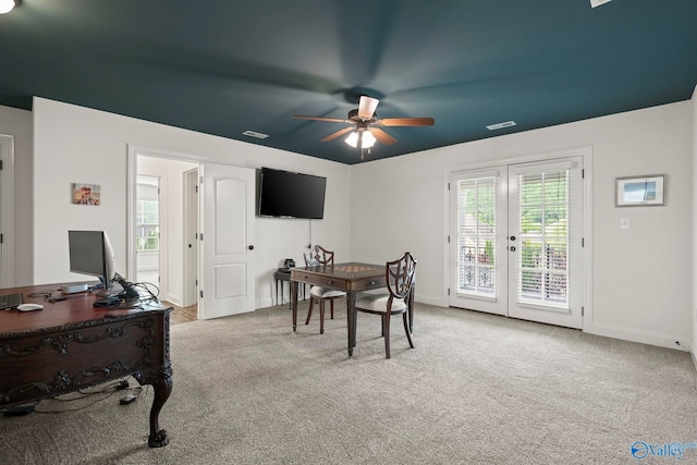 11 SE Braewick Pl, Gurley, AL 35748 - office space with a ceiling fan, light colored carpet, baseboards, and french doors