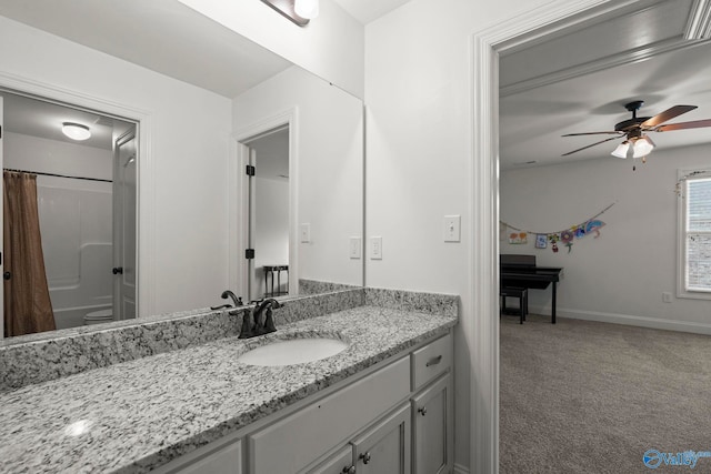 11 SE Braewick Pl, Gurley, AL 35748 - bathroom featuring vanity, a ceiling fan, a shower with curtain, baseboards, and toilet