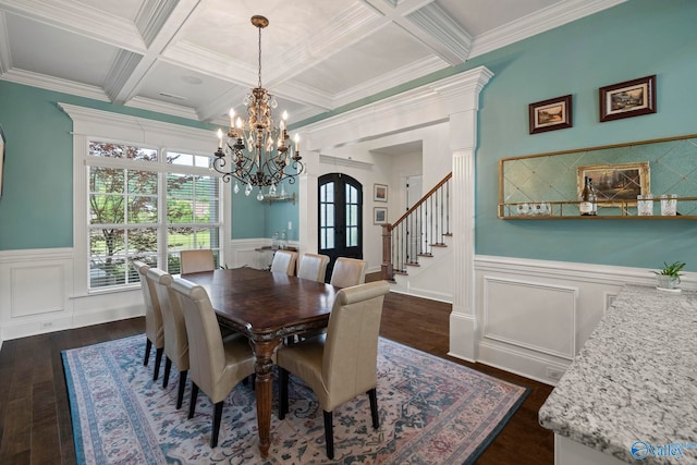 11 SE Braewick Pl, Gurley, AL 35748 - dining space with coffered ceiling, a chandelier, dark wood-style flooring, crown molding, and beam ceiling